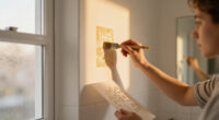 A $60 DIY Stencil Wall Made A Plain Bathroom Look Like It Has Wallpaper
