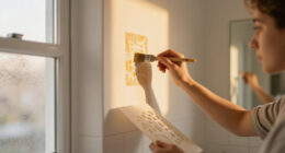 A $60 DIY Stencil Wall Made A Plain Bathroom Look Like It Has Wallpaper